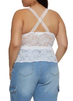 Womens Plus Size Criss Cross Back Sleeveless Lace Top, White, Size 1X