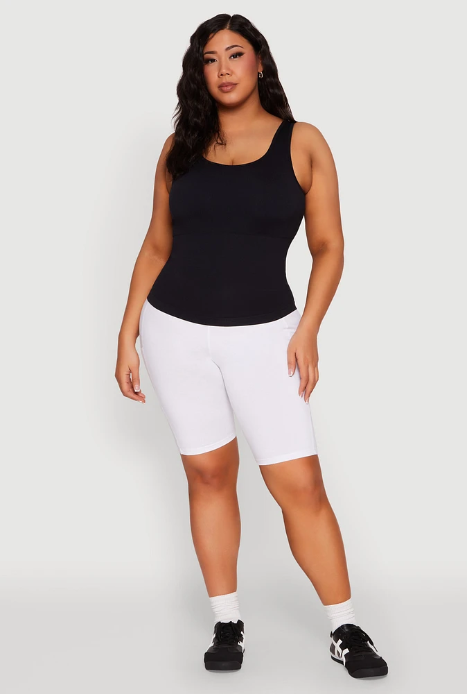 Womens Plus Size Seamless Scoop Neck Shelf Bra Tank Top, Black, Size 2X-3X