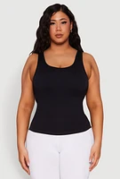 Womens Plus Size Seamless Scoop Neck Shelf Bra Tank Top, Black, Size 2X-3X