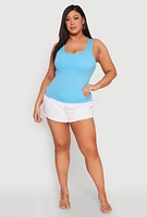 Womens Plus Size Seamless Scoop Neck Shelf Bra Tank Top, Blue, Size 1X-2X