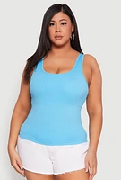 Womens Plus Size Seamless Scoop Neck Shelf Bra Tank Top, Blue, Size 2X-3X