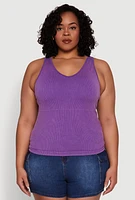 Womens Plus Size Seamless Mineral Wash Shelf Bra Tank Top, Purple, Size 2X-3X