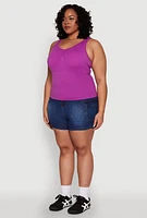 Womens Plus Size Ribbed Knit Seamless Tank Top, Purple, Size 1X-2X