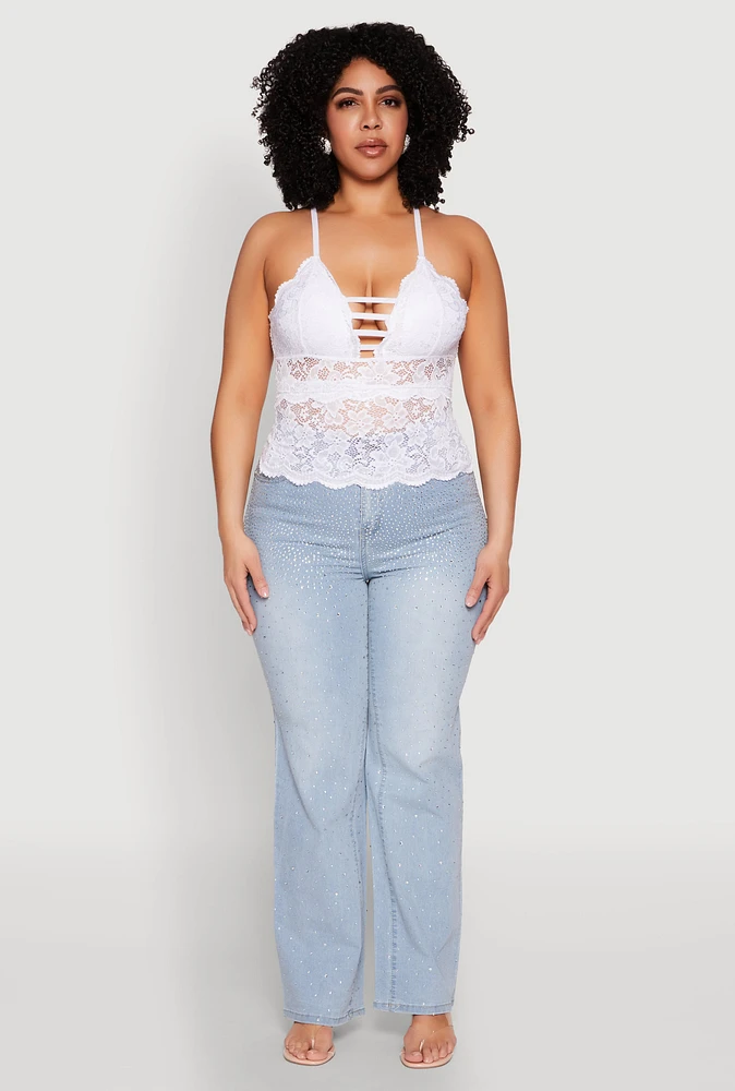 Womens Plus Size Floral Lace Caged Front Cami, White, Size 1X