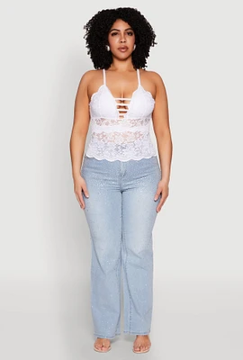 Womens Plus Size Floral Lace Caged Front Cami, White, Size 1X