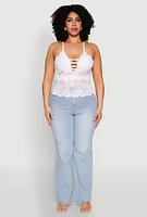 Womens Plus Size Floral Lace Caged Front Cami, White, Size 1X