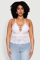 Womens Plus Size Floral Lace Caged Front Cami, White, Size 1X