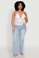 Womens Plus Size Floral Lace Caged Front Cami, White, Size 1X