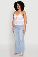 Womens Plus Size Floral Lace Caged Front Cami, White, Size 1X