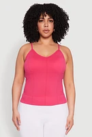 Womens Plus Size Seamless Ribbed V Neck Cami, Pink, Size 1X-2X