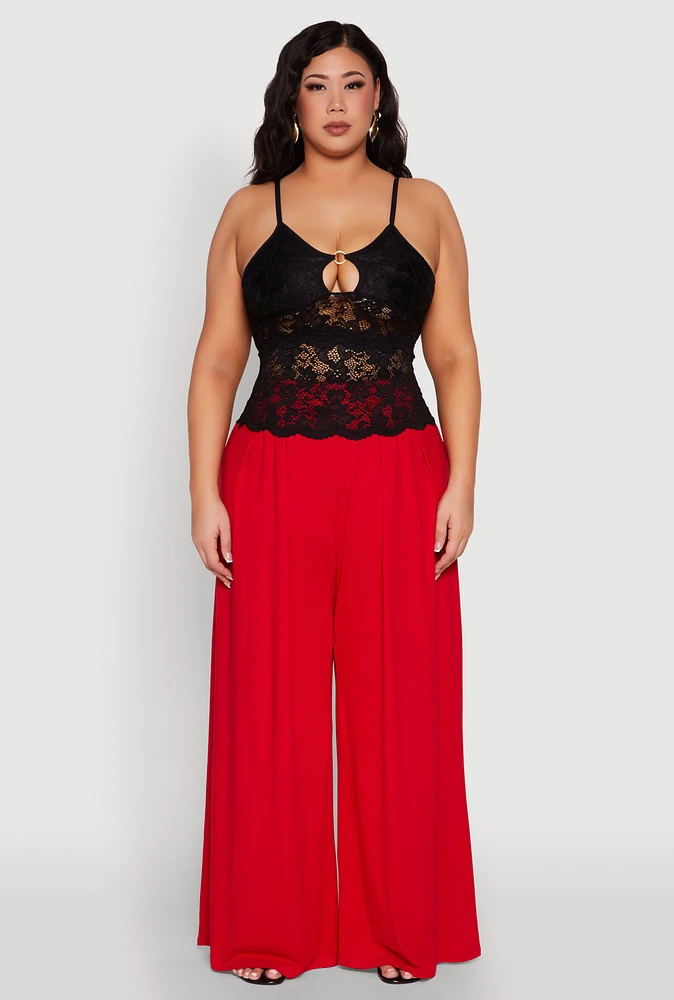 Womens Plus Size Floral Lace Keyhole Cami, Black, Size 1X