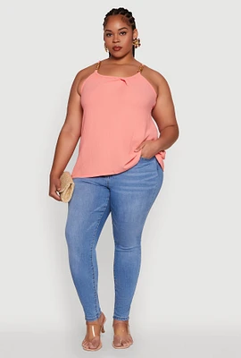 Womens Plus Size Crepe Knit Cami with Chain Strap and Scoop Neck, Orange, Size 2X