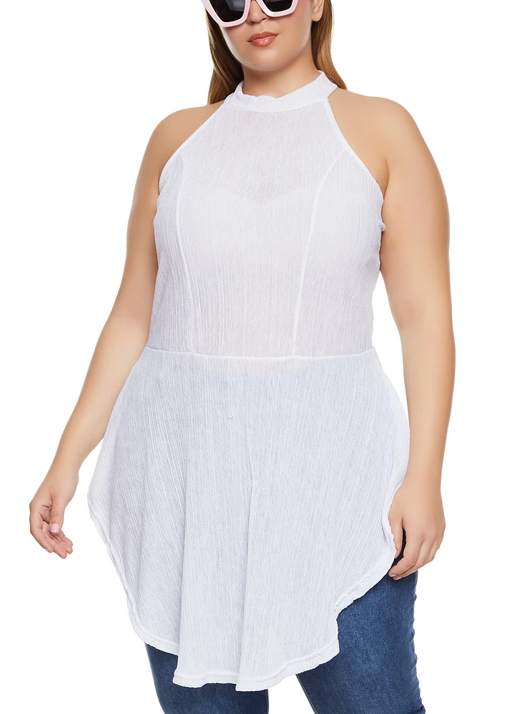 Womens Plus Size High Neck Sleeveless Tunic Top, White, Size 2X
