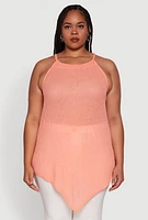 Womens Plus Chic Textured Knit Tank Top with Hanky Hem and Halter Neck,