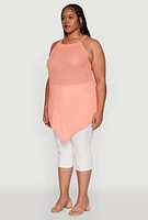 Womens Plus Chic Textured Knit Tank Top with Hanky Hem and Halter Neck,