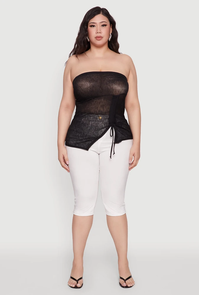 Womens Plus Sheer Ruched Drawstring Tube Top, 3X