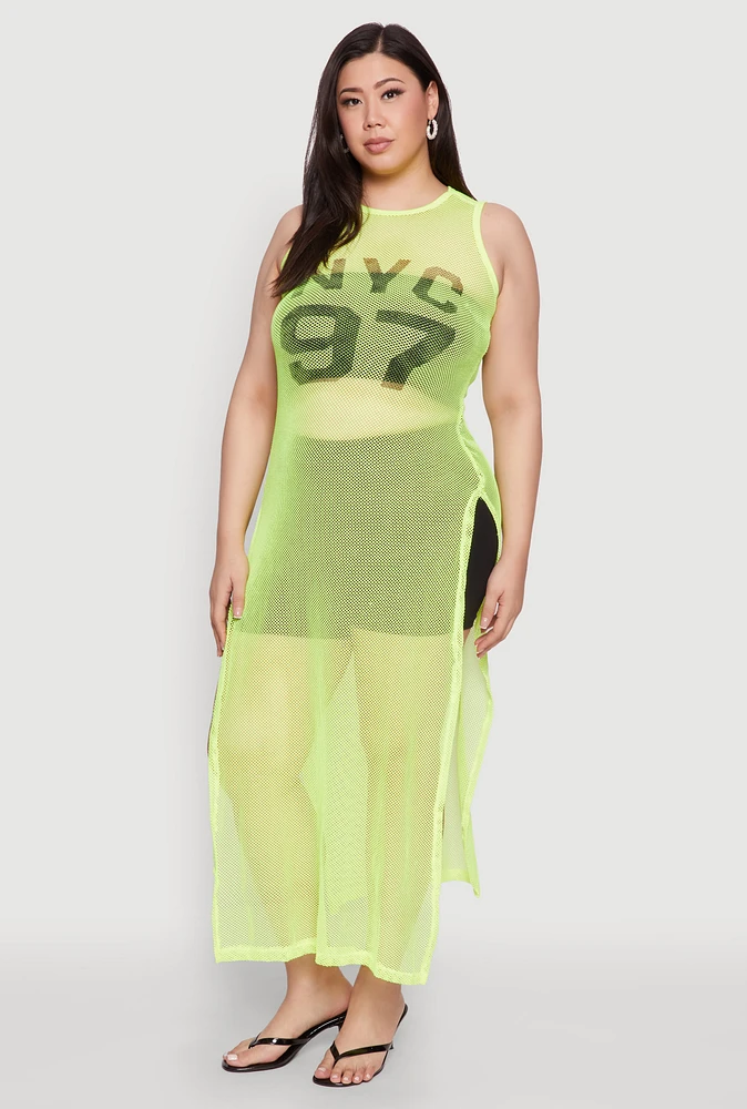 Womens Plus Size NYC 97 Fishnet Maxi Top, Green, Size 1X