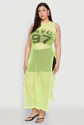Womens Plus Size NYC 97 Fishnet Maxi Top, Green, Size 1X