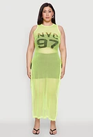 Womens Plus Size NYC 97 Fishnet Maxi Top, Green, Size 1X