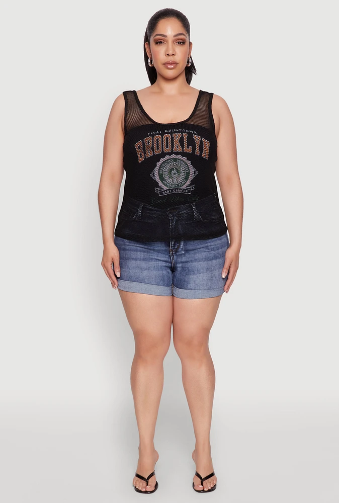 Womens Plus Brooklyn Graphic Fishnet Tank Top,
