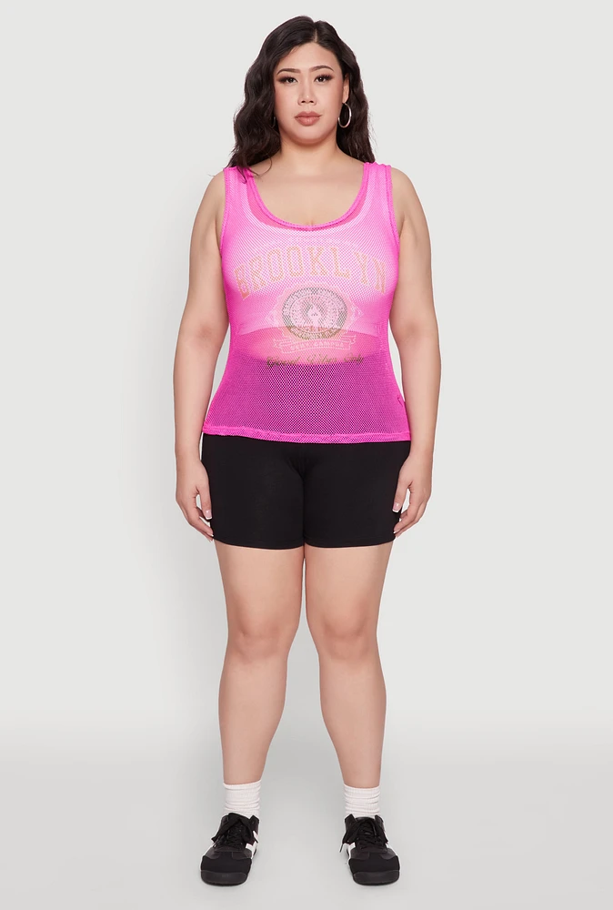 Womens Plus Size Brooklyn Graphic Fishnet Tank Top, Pink, Size 4X