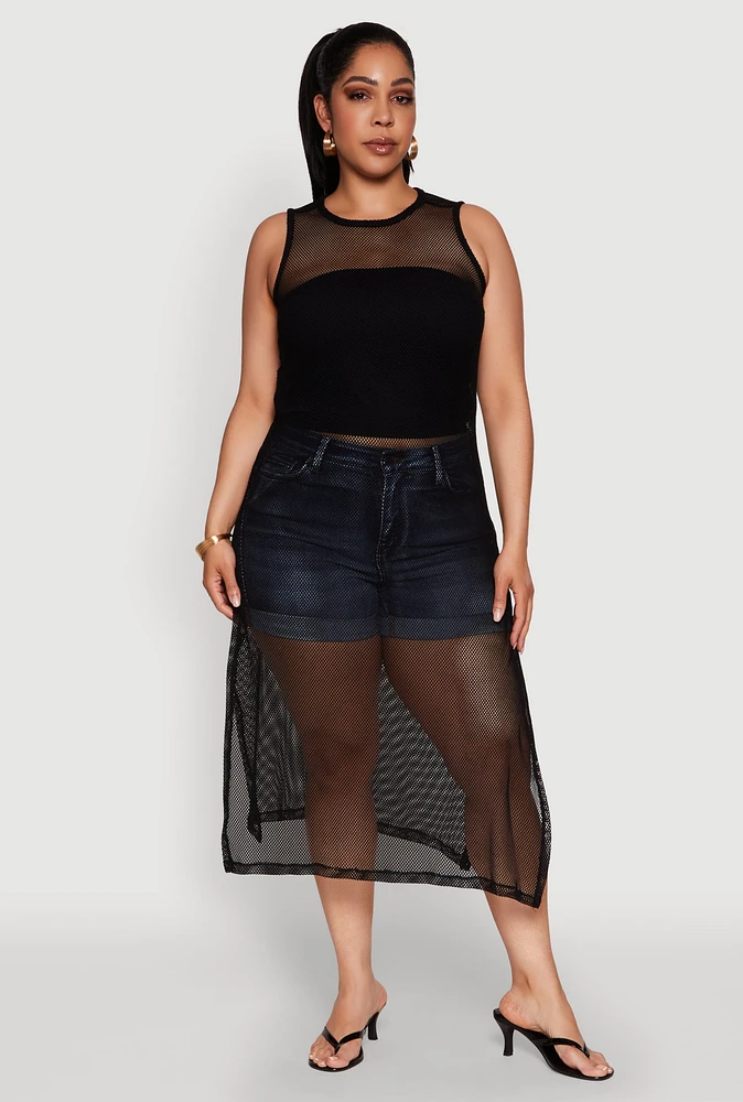Womens Plus Size Fishnet Side Slit Maxi Tank Top, Black, Size 3X