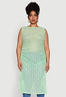 Womens Plus Stylish Mesh Side Slit Tank Top with Ruching and Maxi Hem,