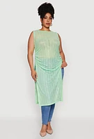 Womens Plus Stylish Mesh Side Slit Tank Top with Ruching and Maxi Hem,
