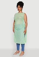 Womens Plus Stylish Mesh Side Slit Tank Top with Ruching and Maxi Hem,
