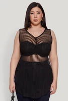 Womens Plus Shadow Stripe Sleeveless Mesh Top,