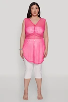 Womens Plus Shadow Stripe Sleeveless Mesh Top, Pink,