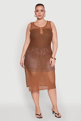 Womens Plus Size Fishnet Side Slit Maxi Cover Up, Brown, Size 2X
