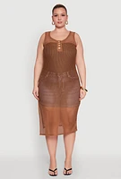 Womens Plus Size Fishnet Side Slit Maxi Cover Up, Brown, Size 2X
