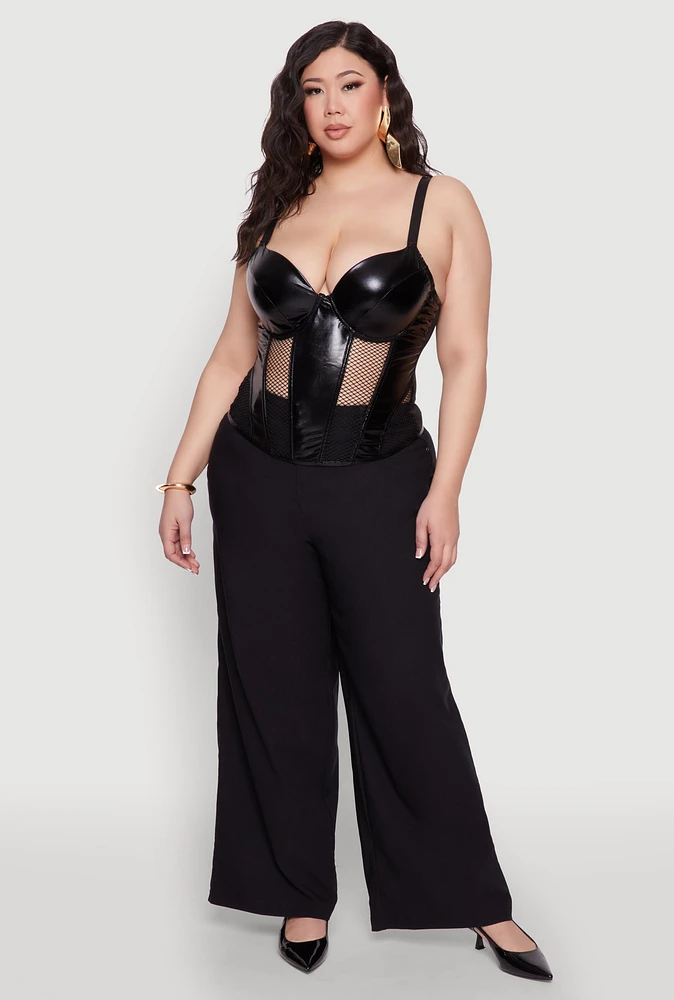 Womens Plus Size Fishnet Cutout Faux Leather Look Bustier Top, Black, Size 2X
