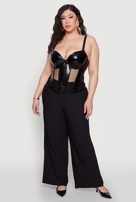 Womens Plus Size Fishnet Cutout Faux Leather Look Bustier Top, Black, Size 2X