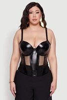 Womens Plus Size Fishnet Cutout Faux Leather Look Bustier Top, Black, Size 2X