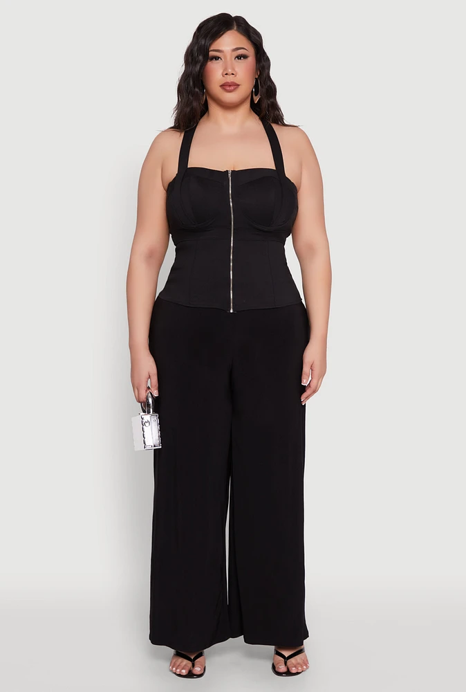 Womens Plus Cut Out Racerback Zip Front Bustier Top, Black,
