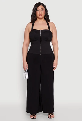 Womens Plus Cut Out Racerback Zip Front Bustier Top, Black,