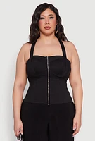 Womens Plus Cut Out Racerback Zip Front Bustier Top, Black,