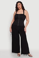 Womens Plus Cut Out Racerback Zip Front Bustier Top, Black,