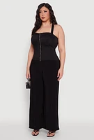 Womens Plus Cut Out Racerback Zip Front Bustier Top, Black,