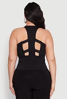 Womens Plus Size Cut Out Racerback Zip Front Bustier Top, Black, Size 1X