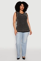 Womens Plus Size Rhinestone Faux Pearl Studded Tank Top, Black, Size 3X