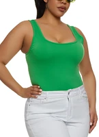 Womens Plus Size Seamless Square Neck Tank Bodysuit, Green, Size 1X-2X
