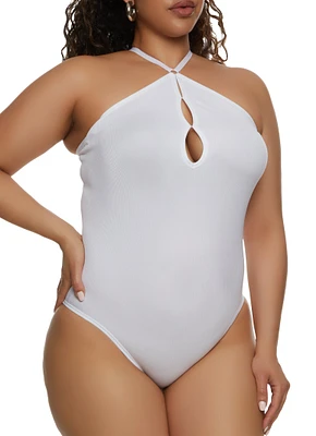 Womens Plus Size Keyhole Open Back Bodysuit, White, Size 1X-2X