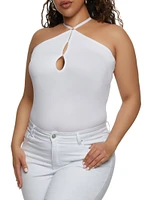 Womens Plus Size Keyhole Open Back Bodysuit, White, Size 1X-2X