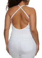 Womens Plus Size Keyhole Open Back Bodysuit, White, Size 1X-2X