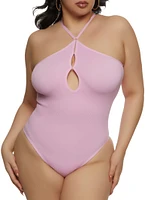 Womens Plus Size Keyhole Open Back Bodysuit, Purple, Size 2X-3X