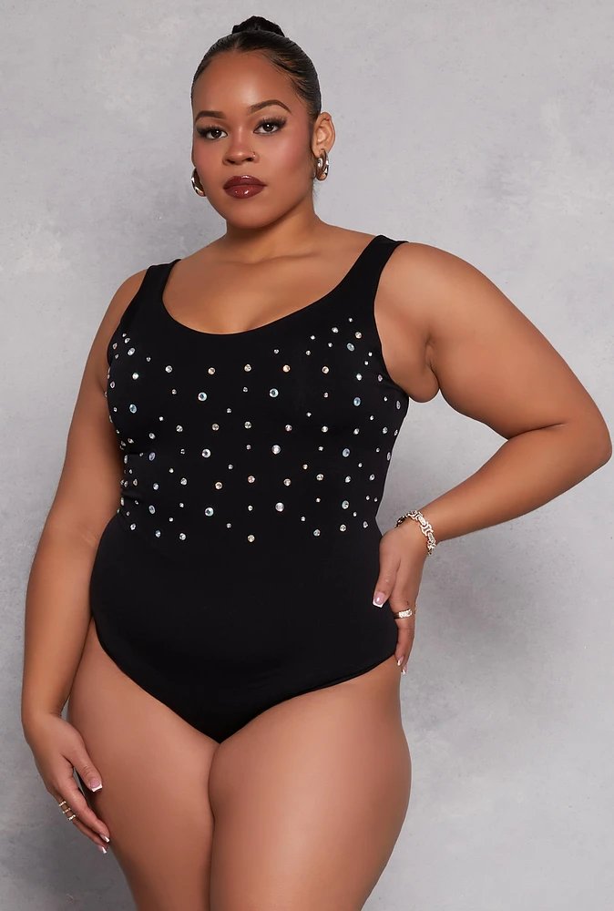 Womens Plus Size Rhinestone Studded Bodysuit, Black, Size 2X-3X