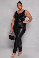 Womens Plus Size Rhinestone Studded Bodysuit, Black, Size 2X-3X